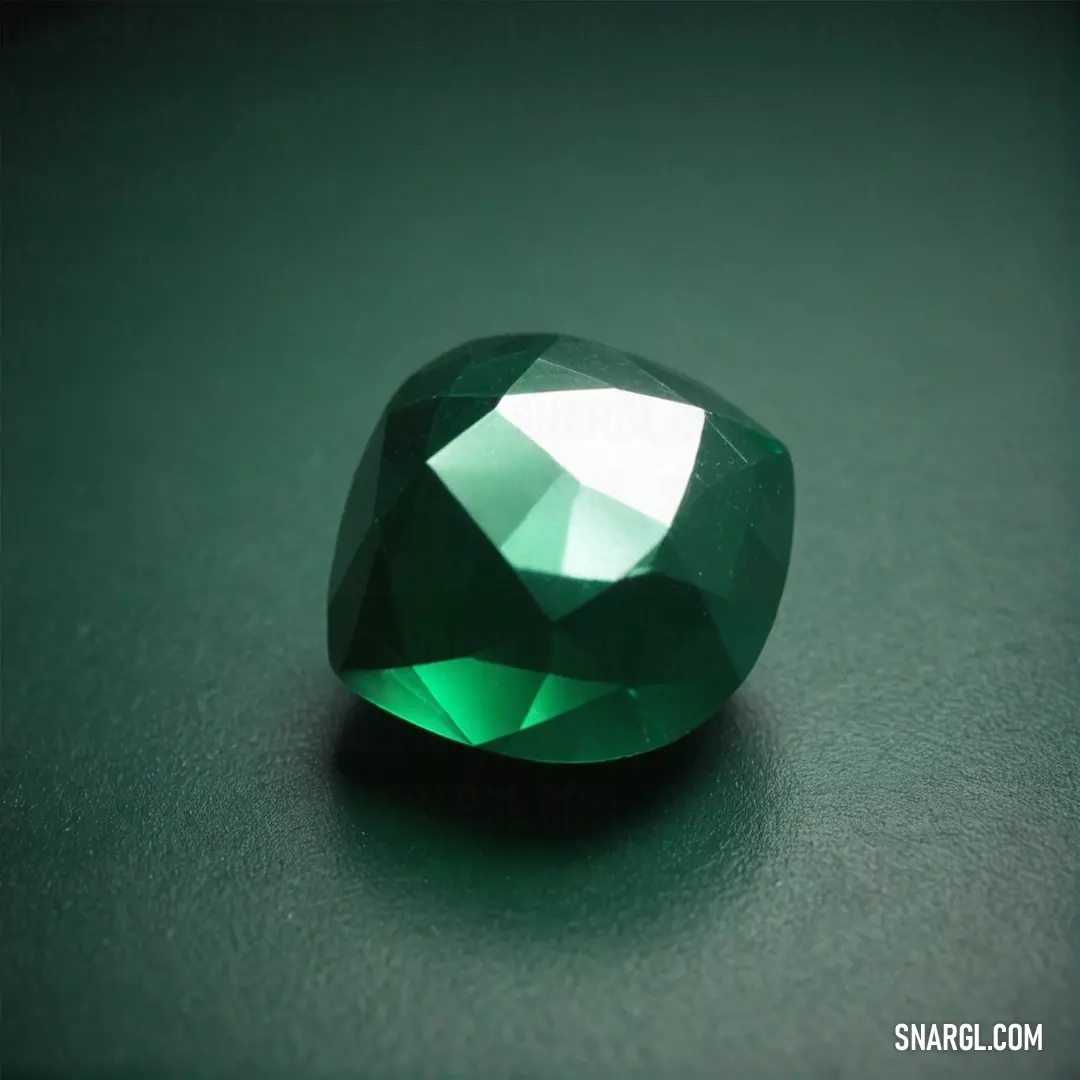 A polished green diamond placed delicately on a table beside a smooth green surface that features a sharp white tip. The vibrant green reflects light, emphasizing its rich, emerald hue and the interplay of shadow and light across its edges.