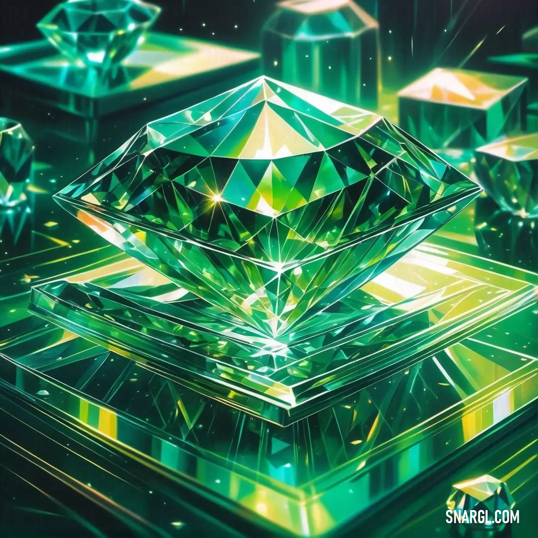 A dazzling green diamond is surrounded by sparkling objects and soft lights, enhancing its radiant sparkle and making it the central focus of the composition.