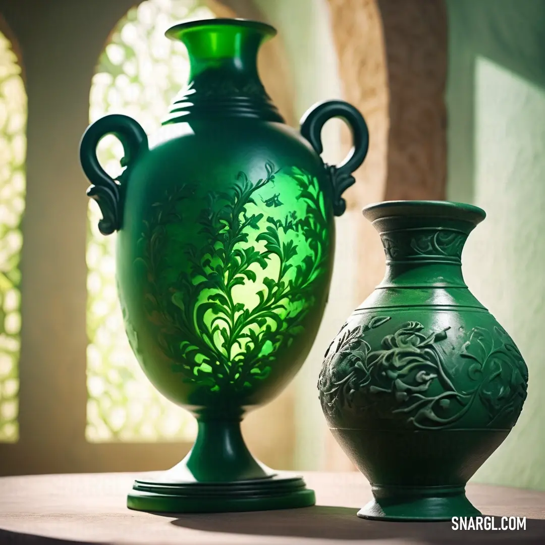 Two elegant green vases paired on a table by the window, enhancing the tranquility of the room. The soothing color palette creates a serene environment, perfect for relaxation or contemplation.