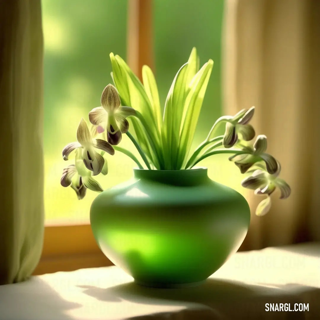 Green vase with flowers in it on a table next to a window with curtains. Example of #009000 color.