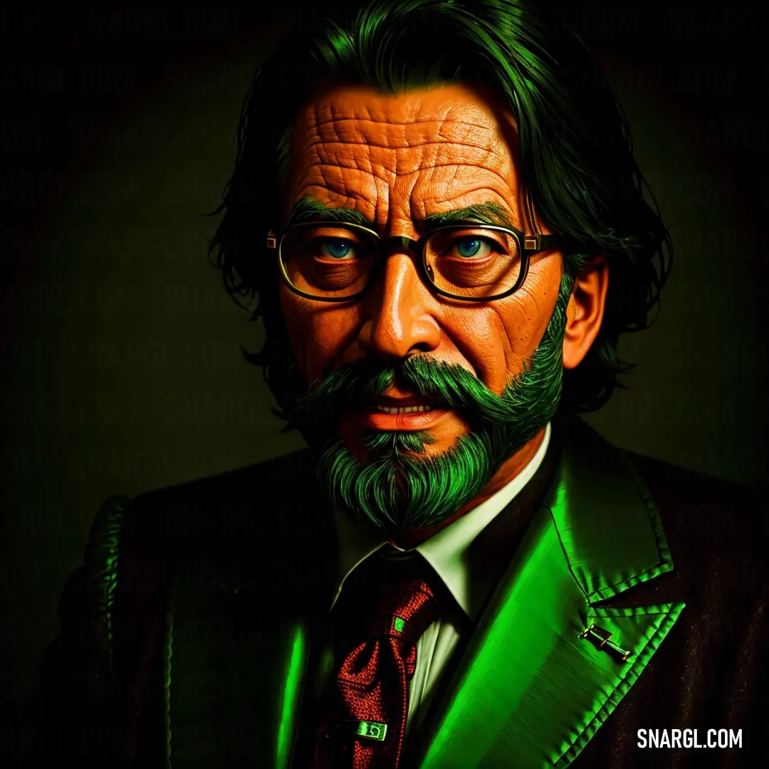 Man with a green beard and glasses wearing a suit and tie with a green jacket. Color CMYK 100,0,100,44.