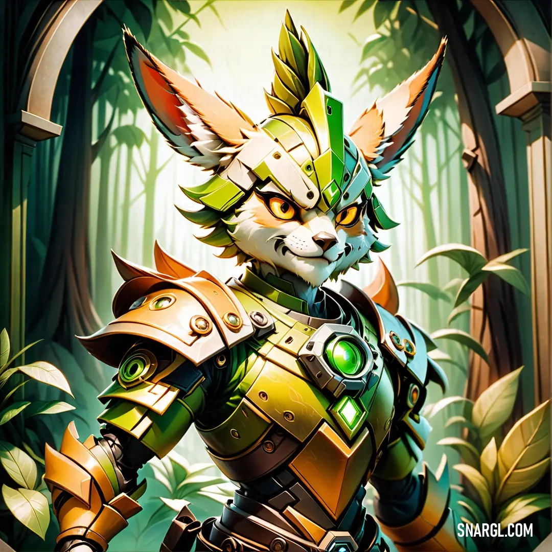 A whimsical painting depicts a fox donning a vibrant green and yellow outfit amidst a lush forest, creating a playful and enchanting atmosphere in nature.