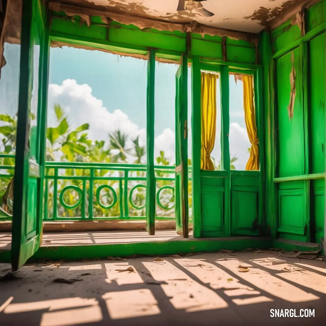 Room with a green door and a window with yellow curtains and a view of the ocean and palm trees. Color #009000.