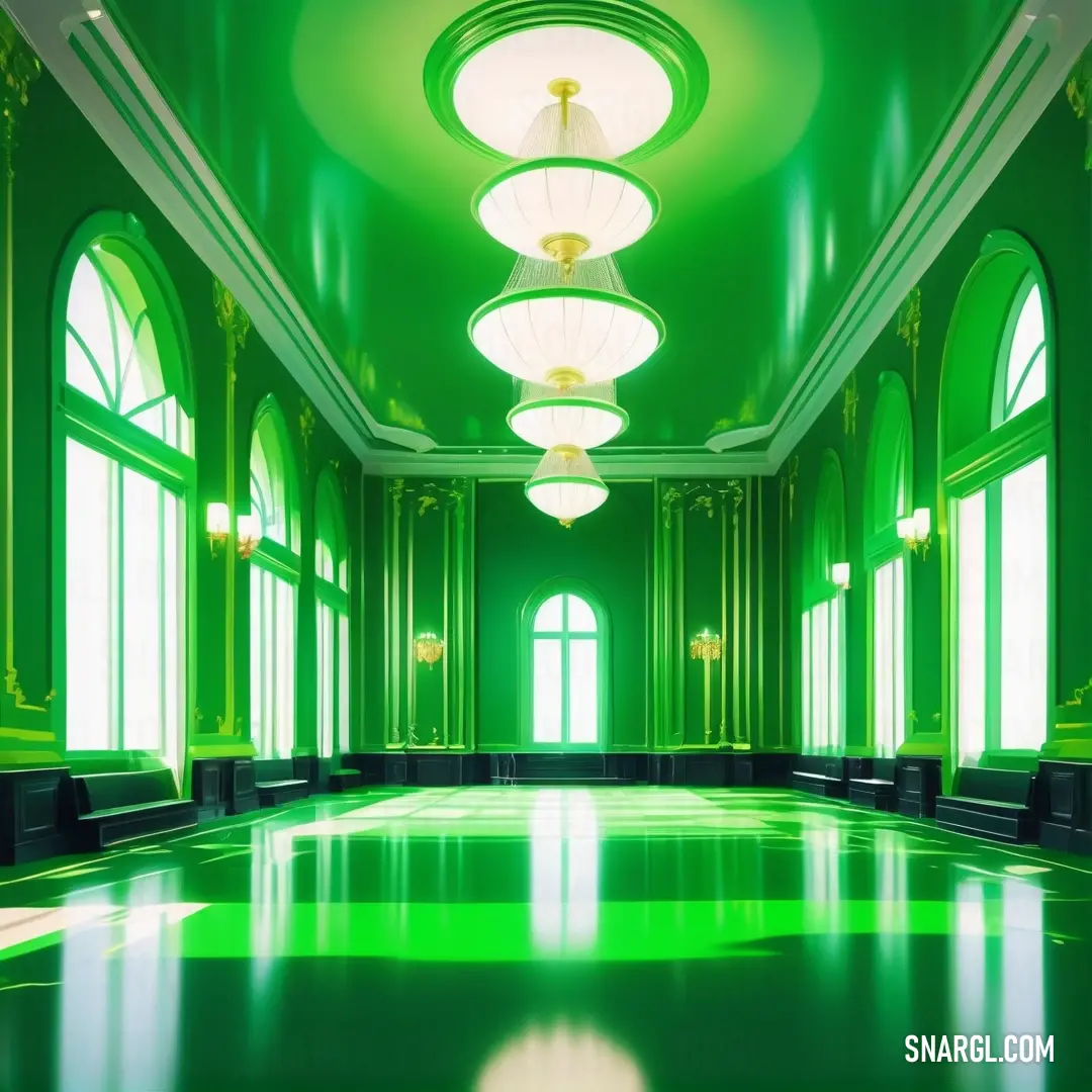 Room with green walls and a floor with lights on it and a green ceiling with round windows. Example of #009000 color.