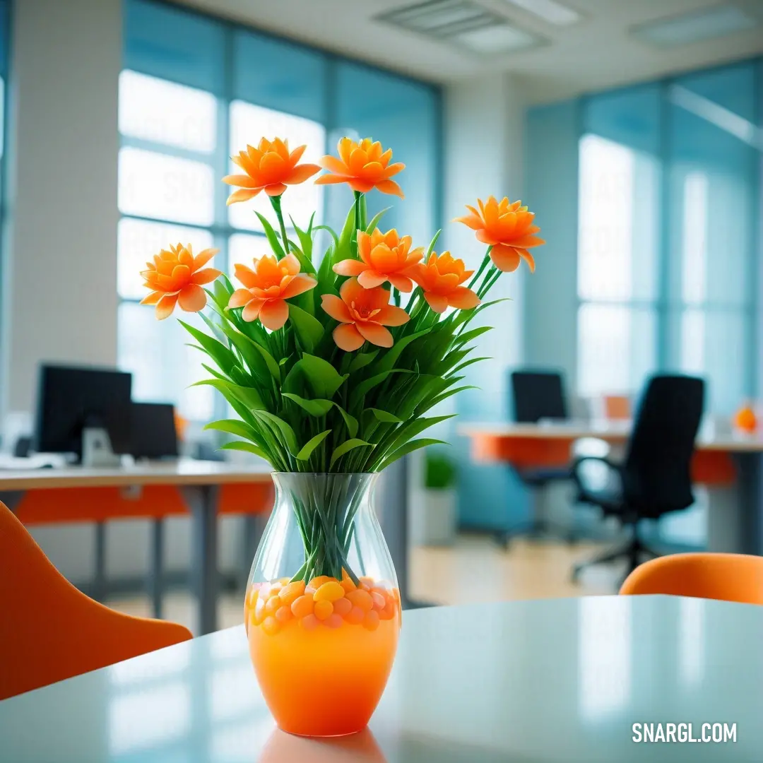 A vibrant vase brimming with orange flowers rests elegantly on a modern office table, set against a backdrop of neatly arranged chairs and desks, creating a lively yet professional atmosphere that invigorates the workspace.