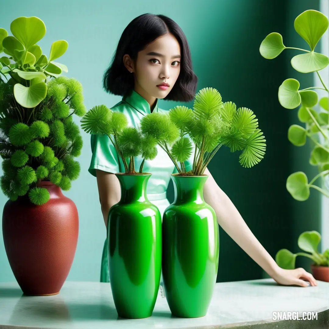 Woman in front of a table with two vases and plants in them. Example of RGB 0,144,0 color.