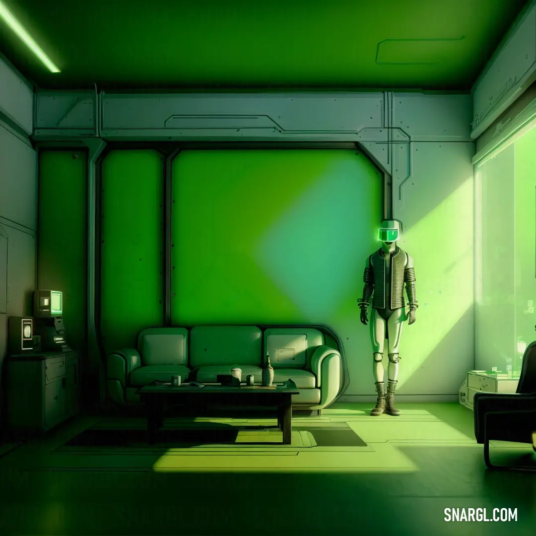 Living room with a couch and a chair in it and a green wall behind it and a man in a suit