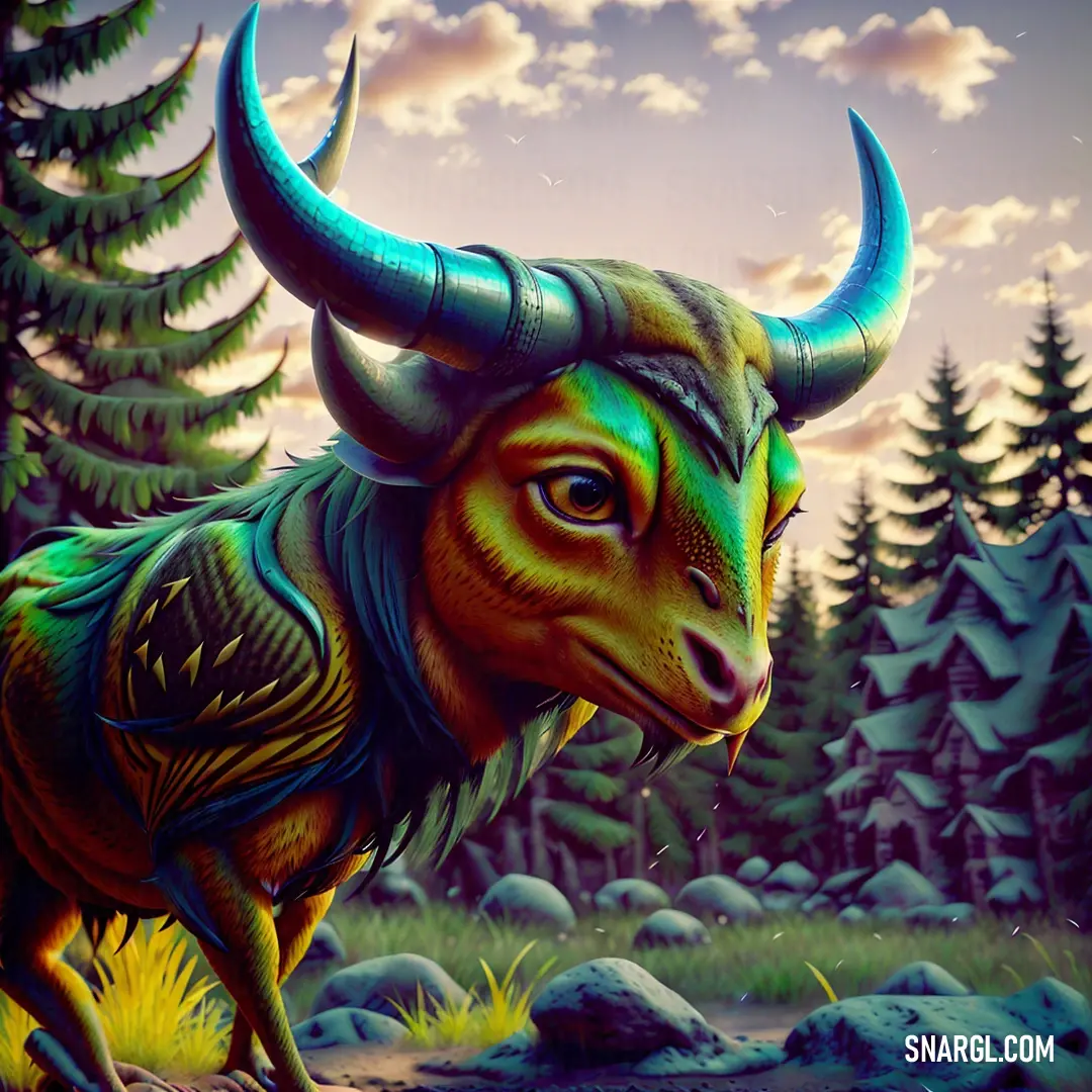 A majestic horned animal is beautifully painted in a serene forest scene, with rocks and trees creating a tranquil atmosphere illuminated by soft light.