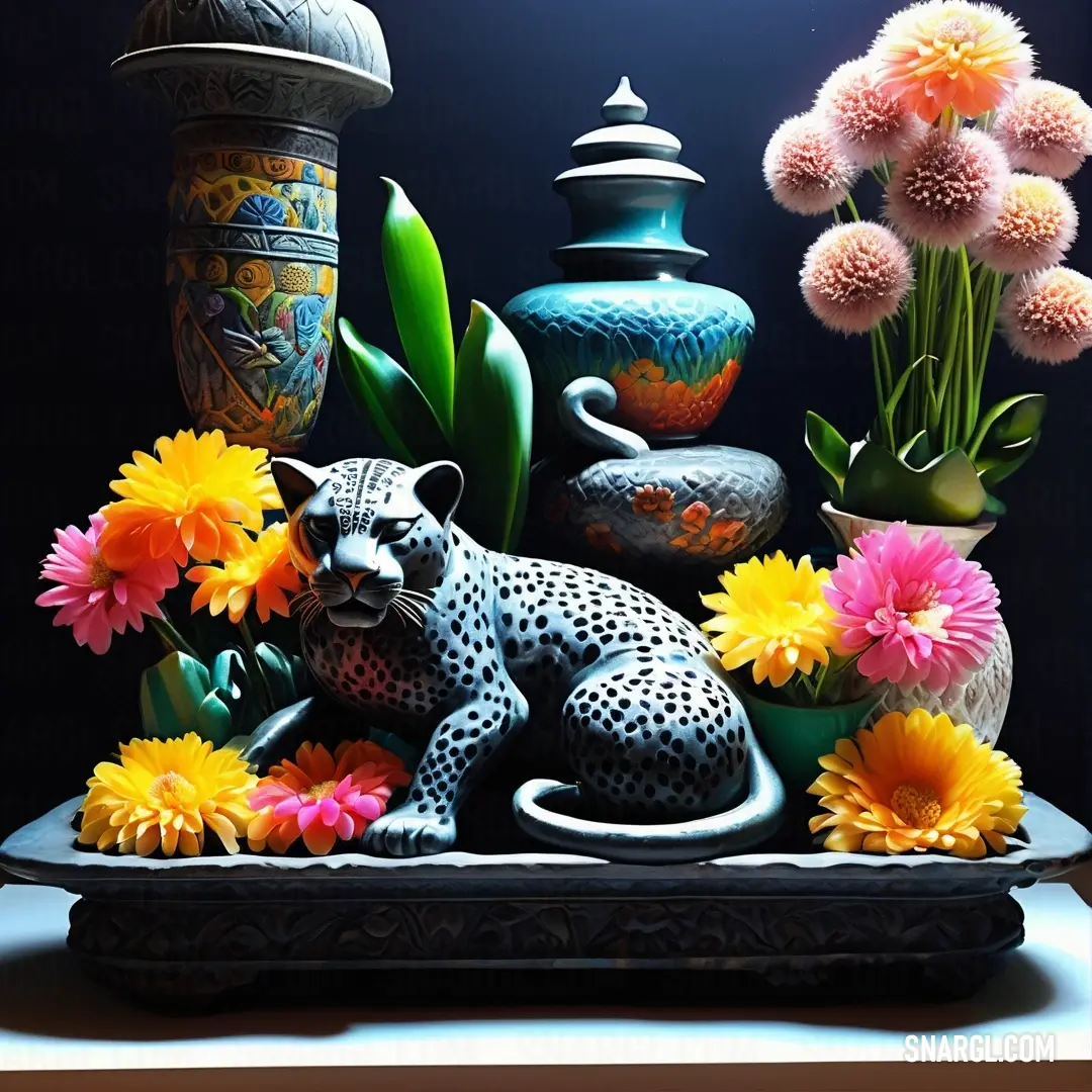 A captivating painting depicting a majestic leopard nestled among intricately designed vases and lush flowers, with a charming cat statue adorning the scene on an elegantly set table.