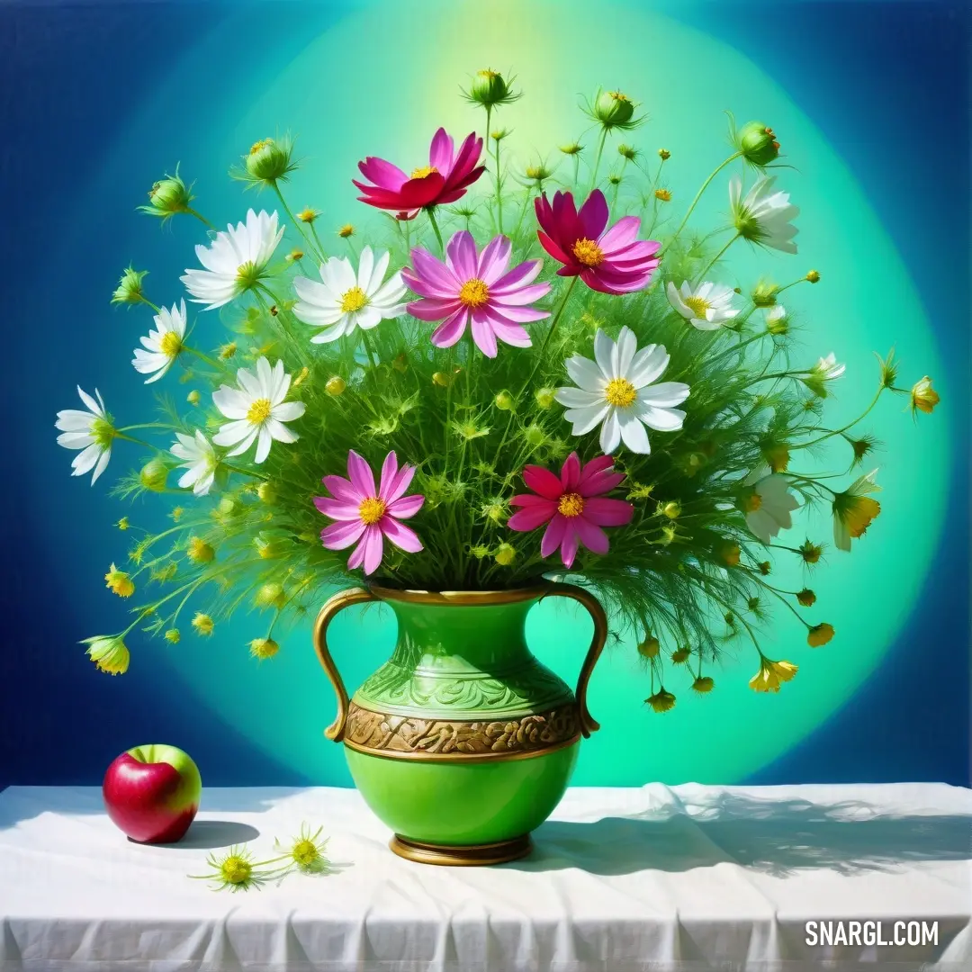 A beautifully crafted vase adorned with vibrant floral patterns, elegantly placed on a polished wooden table, accompanied by a bright red apple and set against a stunning blue backdrop that brings out the richness of the green hues.