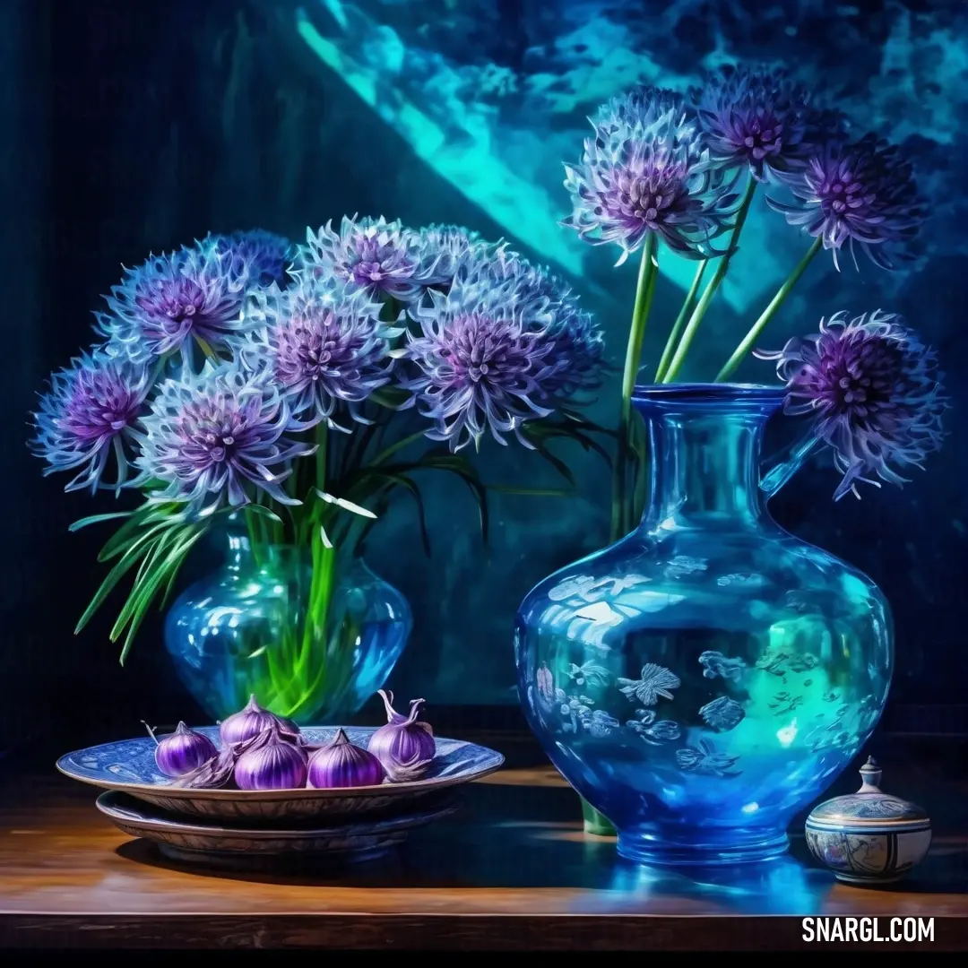 An intricately designed painting brings to life a lovely vase adorned with blooming purple flowers alongside a plate of vivid onions, all set on a table, showcasing a refreshing color palette that embodies the essence of a delightful culinary scene.