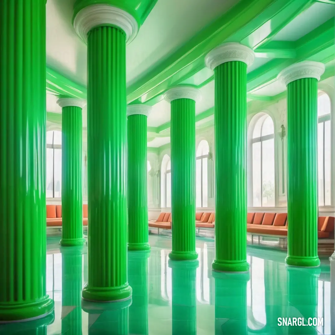 An inviting room featuring striking green columns and matching chairs, complementing a large window that illuminates the space with fresh, natural light, creating an energizing atmosphere.