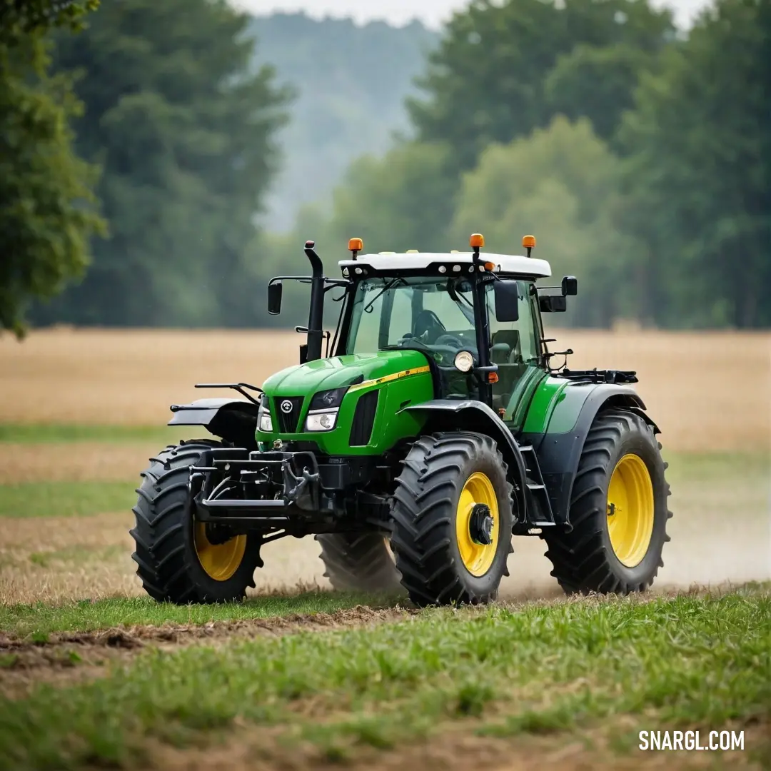 Islamic green color. Tractor is driving through a field of grass and trees in the background