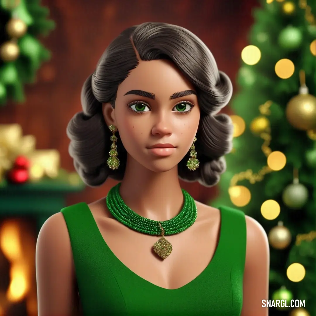 Woman in a green dress wearing a green necklace and earrings with a christmas tree in the background. Color RGB 0,144,0.