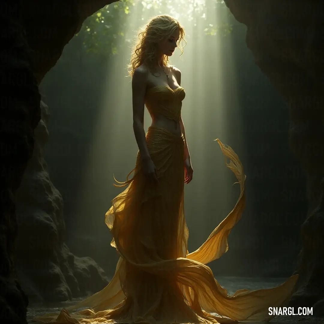 Bathed in golden sunlight streaming through a cave entrance, a woman in a flowing yellow dress stands poised, her hair dancing in the gentle breeze. The ethereal atmosphere creates an enchanting moment filled with warmth and optimism.
