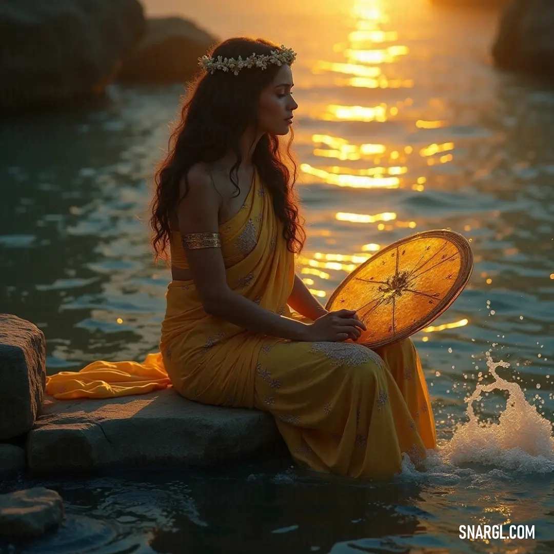 A beautiful figure in a vibrant yellow dress standing on a rock by the water at sunset, sheltered by a large yellow umbrella. Ismeria graces a rocky perch amid shimmering waters, clad in a bright yellow dress. A stunning sunset casts a golden hue around her, while a large yellow umbrella shields her from the sun's fading rays, creating a breathtaking tableau.