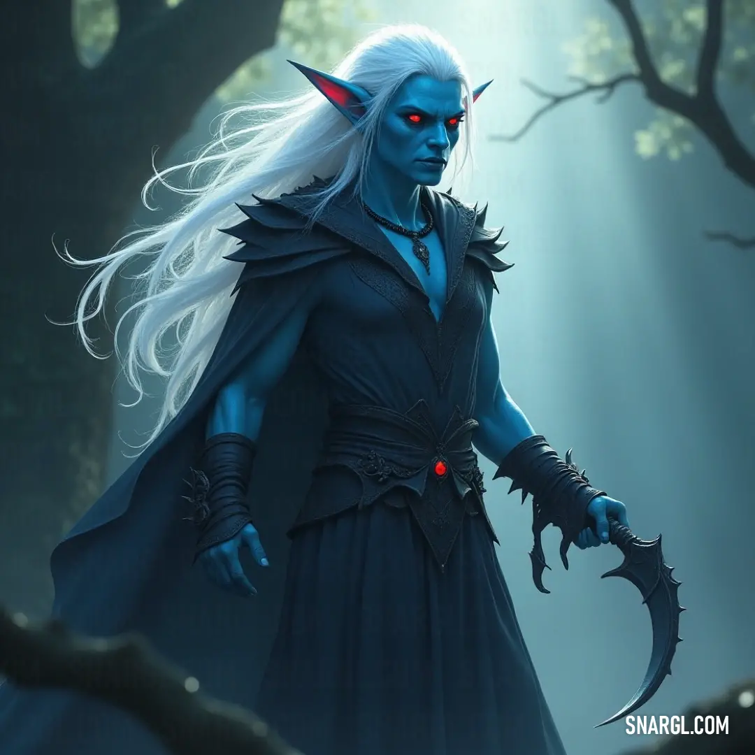 Ith'rix the Harvester stands ready with his knife, enveloped by an eerie aura that hints at untold powers, a true embodiment of the dark forces he represents. Ith'rix the Harvester, with striking blue skin and fierce white hair, commands attention in his blue outfit. Clutching a knife, his demonic visage adds an aura of danger to his character, set against a backdrop of magic and foreboding.