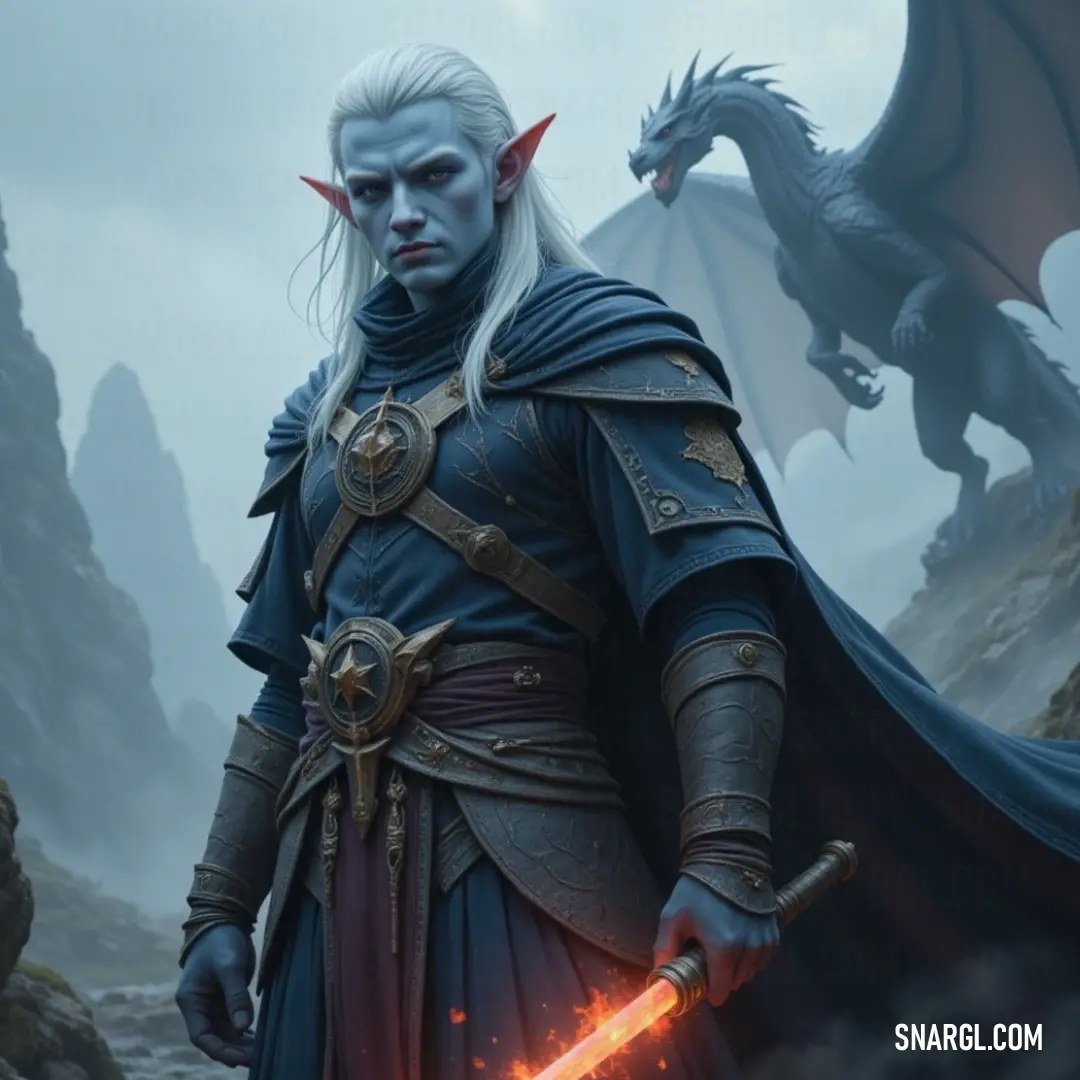 An epic moment emerges as a sword-wielding figure in blue faces a mighty dragon, set against the rugged beauty of a rocky, mountainous backdrop. A majestic figure clad in blue stands assertively with a sword, a fearsome dragon looming nearby amidst a dramatic mountainous landscape, highlighting a scene of adventure and bravery.
