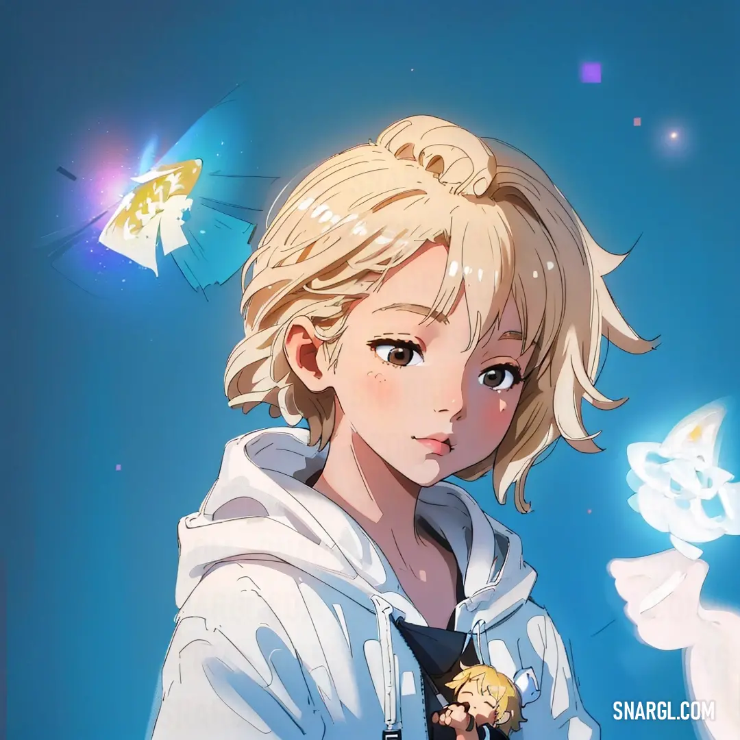 Blonde haired girl with a white shirt and a blue umbrella in the background is a blue sky
