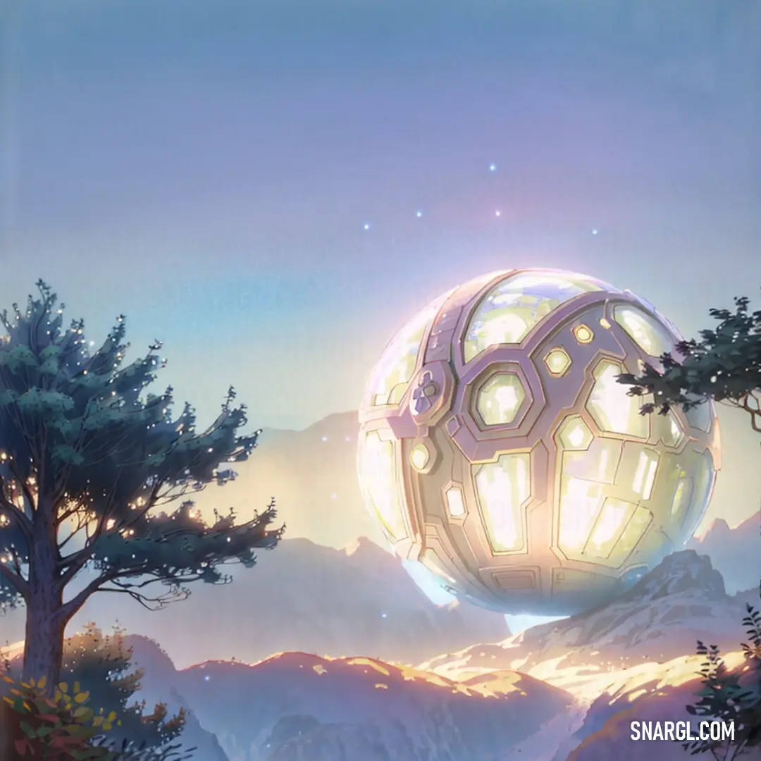 Futuristic object floating in the air over a mountain range with trees and mountains in the background