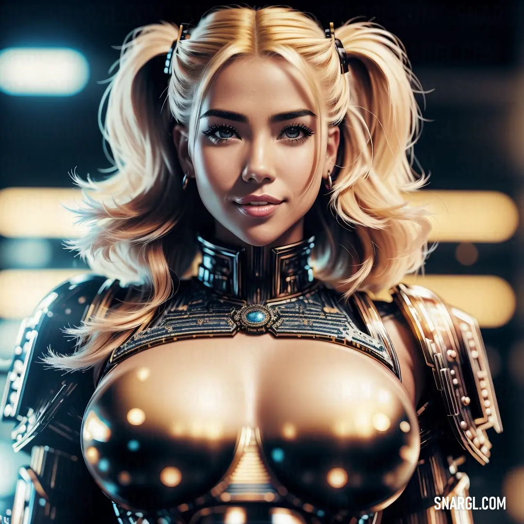 Woman in a futuristic suit with big breast and nipples on her chest