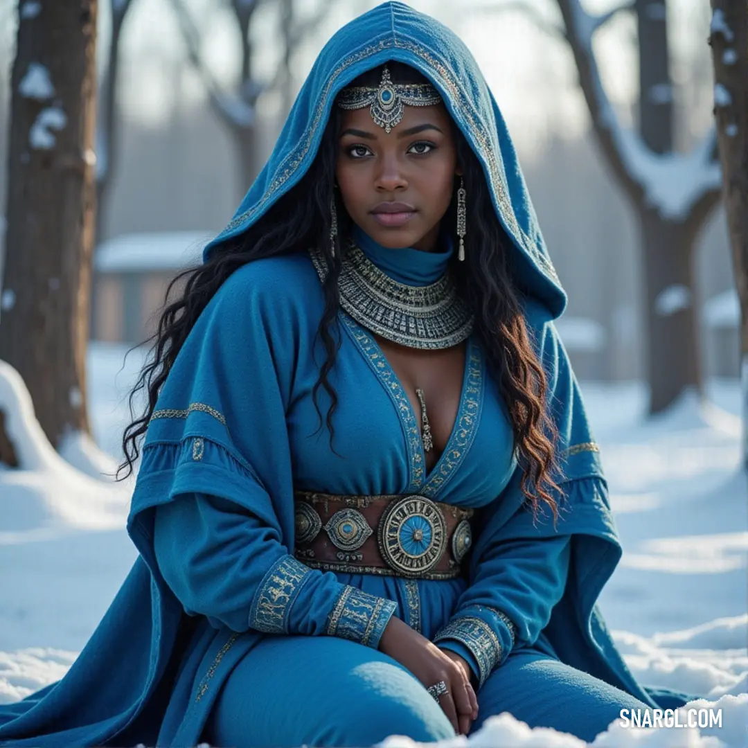 A lone figure in a blue outfit stands amidst the snow and trees, embodying the tranquil power of winter. A character dressed in a striking blue outfit, standing amid the snow-covered landscape with trees in the background, embodying the calm yet powerful presence of winter's beauty.