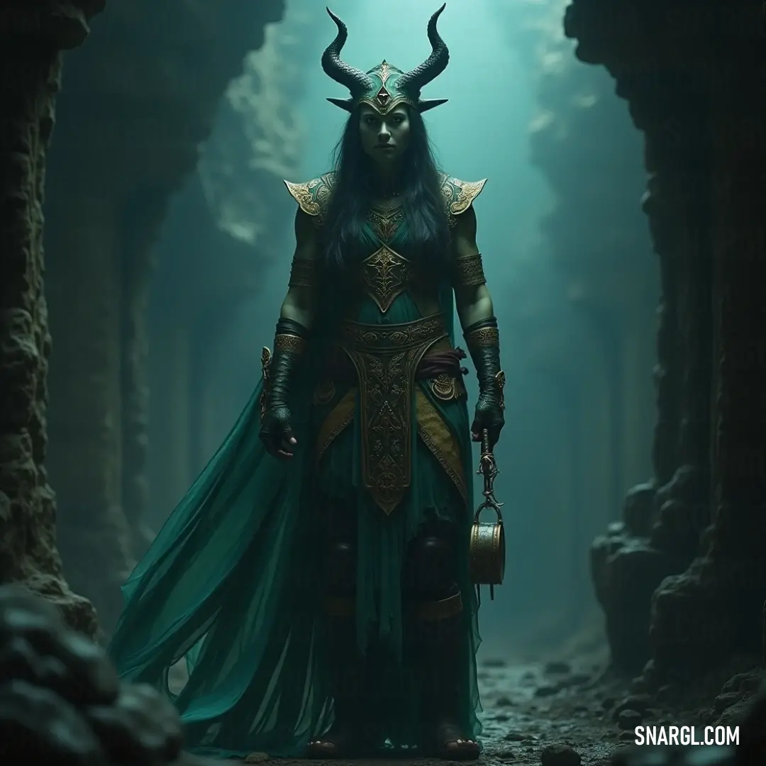 A mesmerizing figure adorned in emerald attire and a horned headpiece holds a lantern in a shadowy cave, where light dances upon her features, revealing the secrets of her enchanted surroundings. A character in a flowing green gown and an elaborate horned headdress stands amidst shadowy cave walls, cradling an old lantern that casts a warm glow on her expressive face, illuminating the mystery that surrounds her.