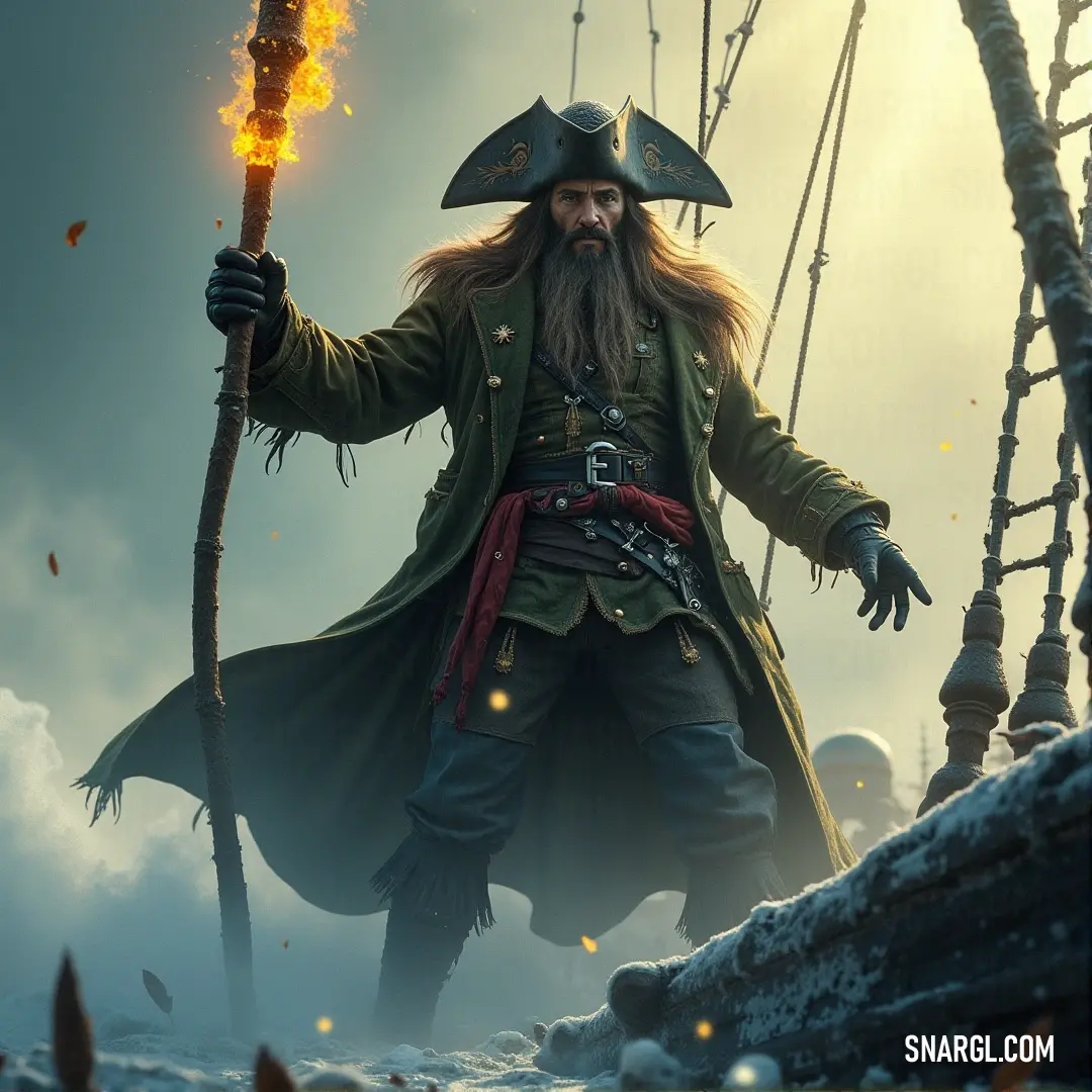 A pirate in a long, flowing beard and pirate attire stands with a stick in hand. His rugged appearance and sea-faring spirit shine through, ready for his next grand adventure on the open waters. A pirate with a long beard, dressed in a classic pirate costume, stands proudly while holding a stick. The full costume, with a rugged look, tells the story of a sea-faring adventurer ready for his next voyage.