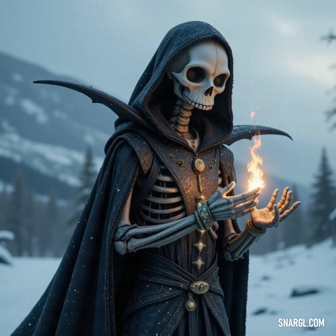 Jack Skellington, dressed in his iconic black robe, stands amid a snowy landscape with towering mountains in the distance. In his hand, he holds a fierce, glowing flame that seems to challenge the freezing cold around him.