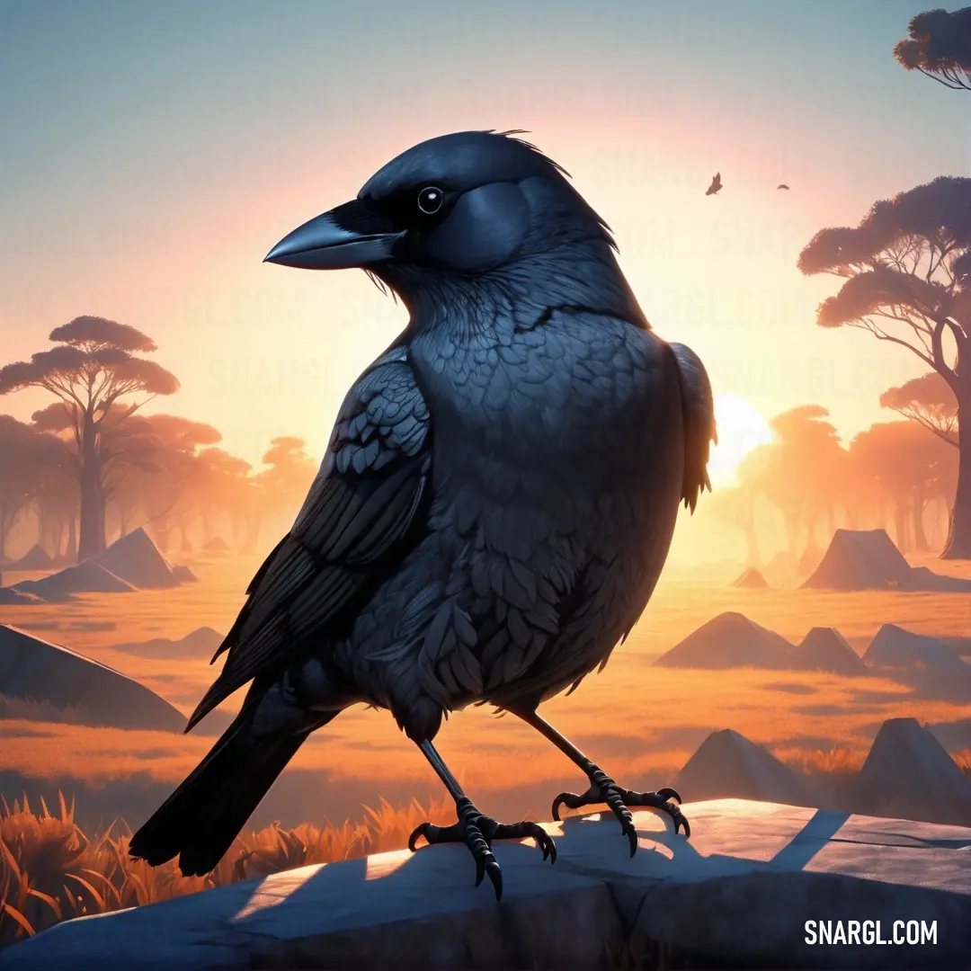 Jackdaw on a rock in a field at sunset with a Jackdaw flying above it