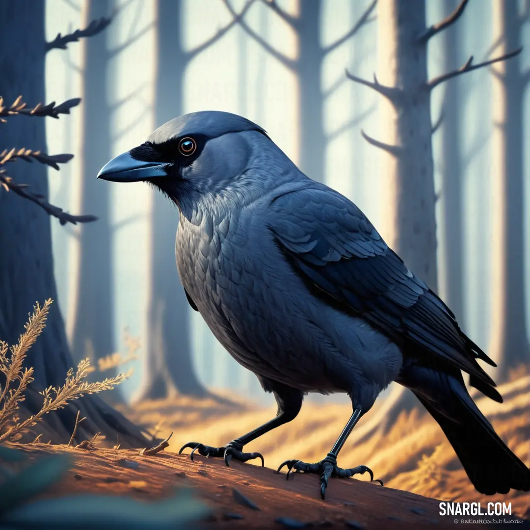 Jackdaw standing on a log in a forest with trees and grass in the background