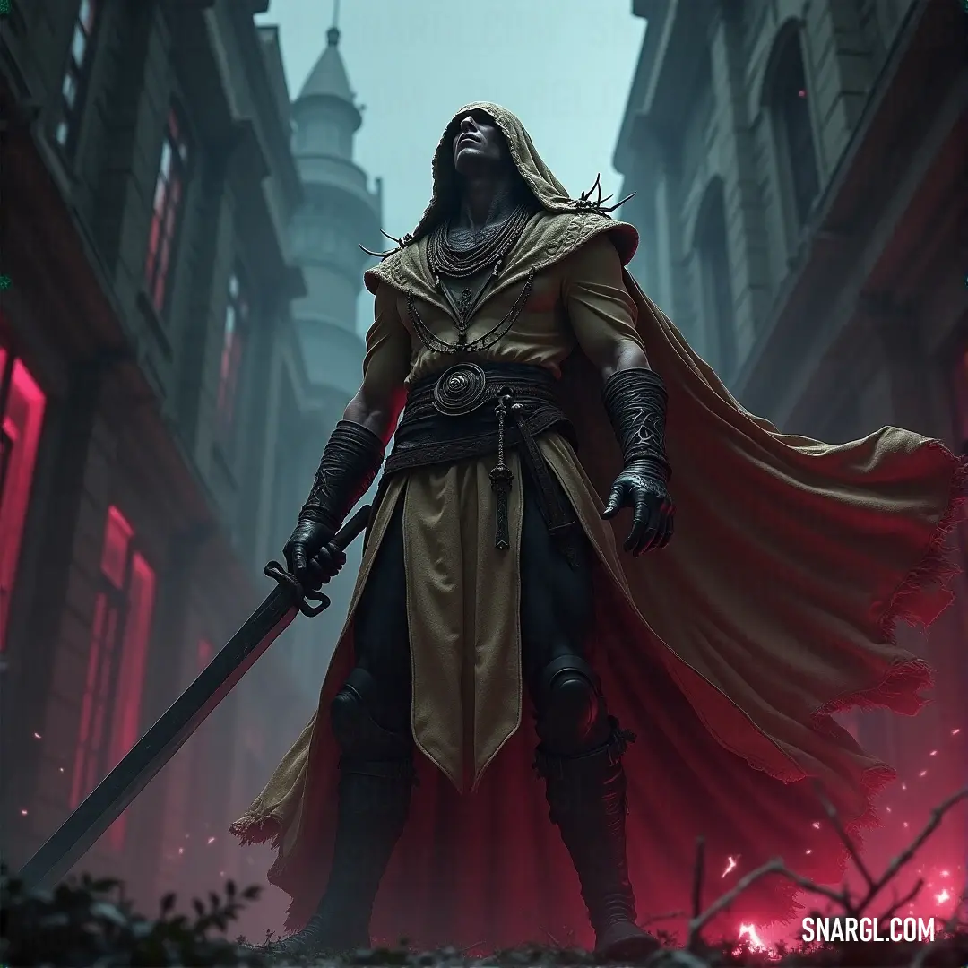 A lone figure in a red cloak, sword drawn, walks through a quiet city street at night, his silhouette bathed in the soft glow of distant streetlights. A figure in a red cloak and cape holds a sword in hand, standing in a narrow city street under the cover of night. The dim streetlights cast long shadows on the cobbled stones, adding mystery to the scene.