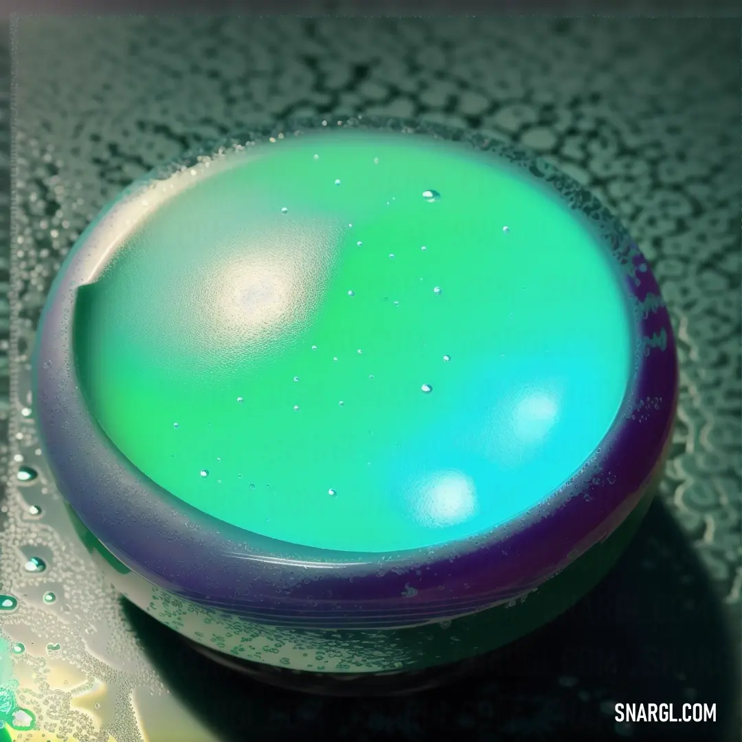 Close up of a soap ball on a table with water droplets on it and a green and blue top