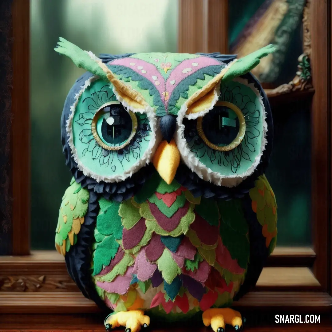 Colorful owl statue on a table next to a mirror with a reflection of a tree in the background