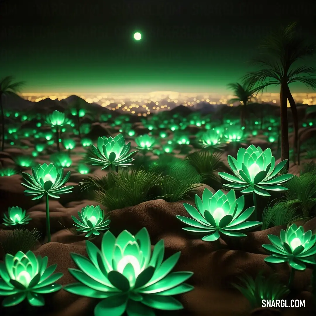 Field of green flowers with lights on them at night time with a city in the background. Example of #00A86B color.