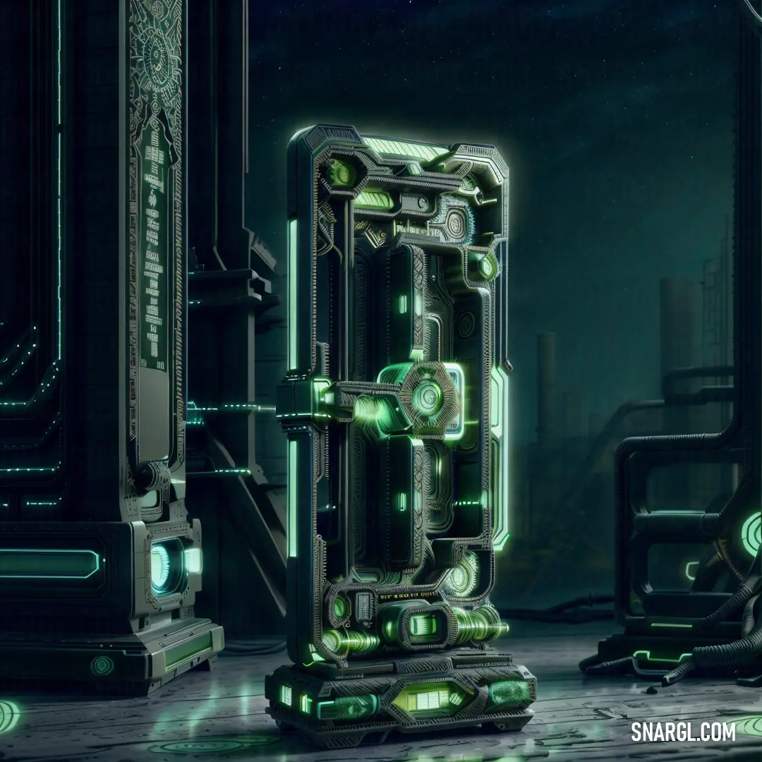 Futuristic city with a green light coming from the door and a man on the floor in front of it