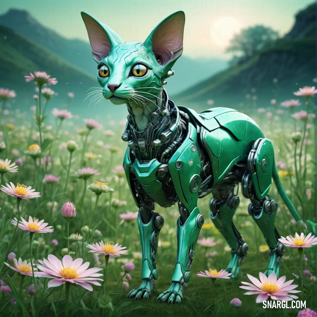 Green cat in a field of flowers with a sky background and a full moon in the distance