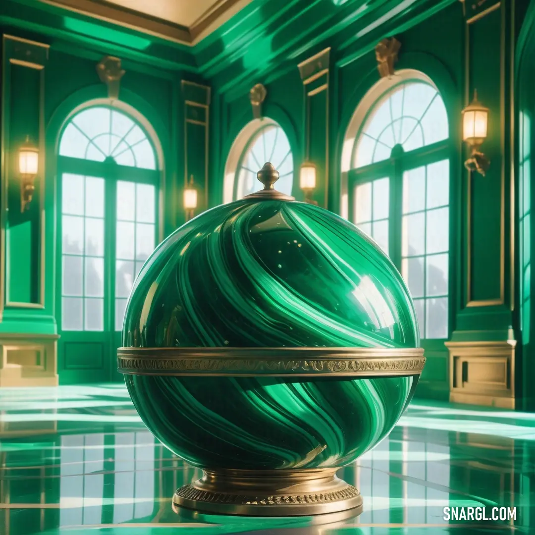 Jade color. Green marbled sphere with a gold base in a green room with windows and a chandelier