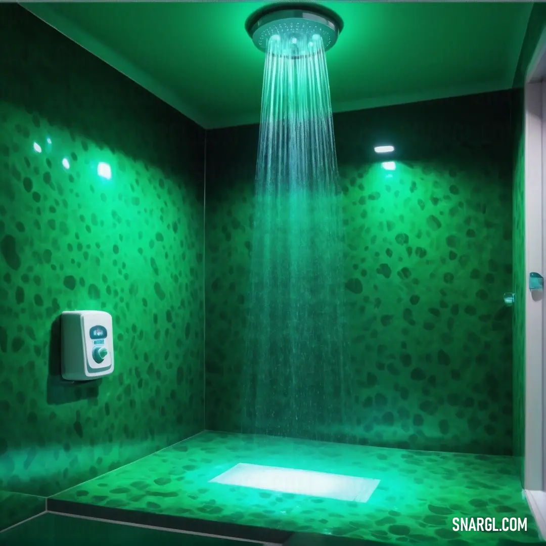 Green shower with a green light coming from it's head and a green light coming from the ceiling. Example of Jade color.
