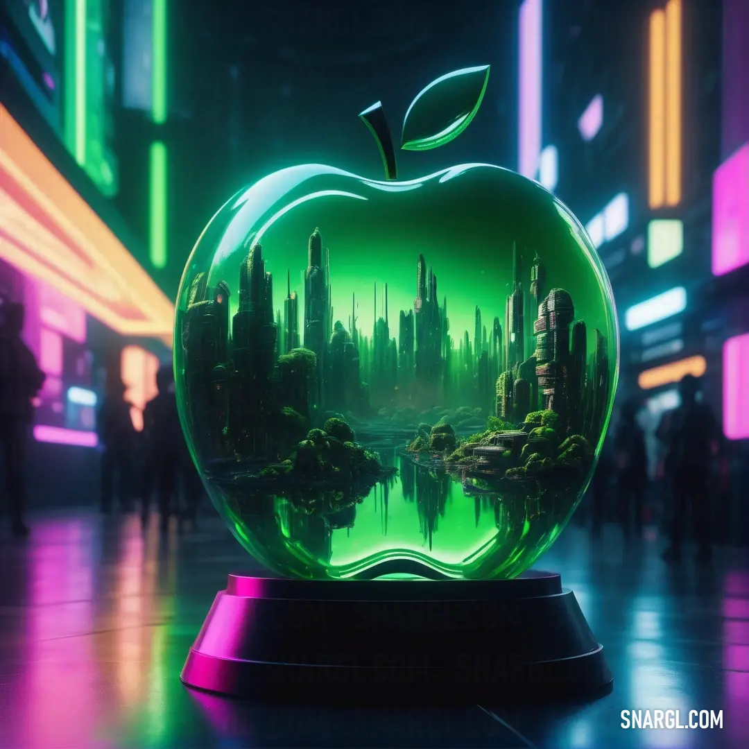 Glass apple with a city in it in a room with neon lights and people walking around it in the background. Color CMYK 100,0,36,34.