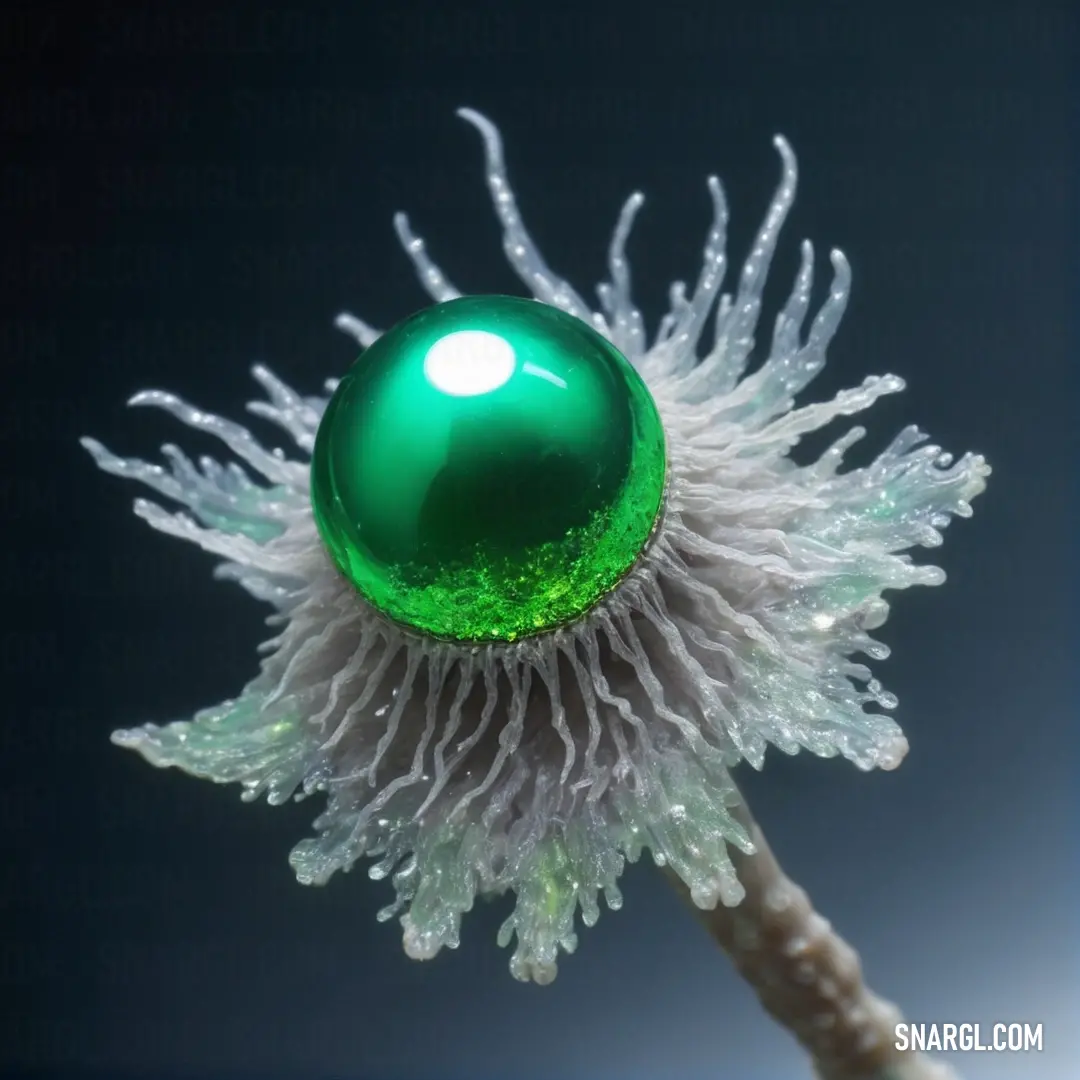 Jade color example: Green ball on a white flower with water droplets on it's petals and a blue background