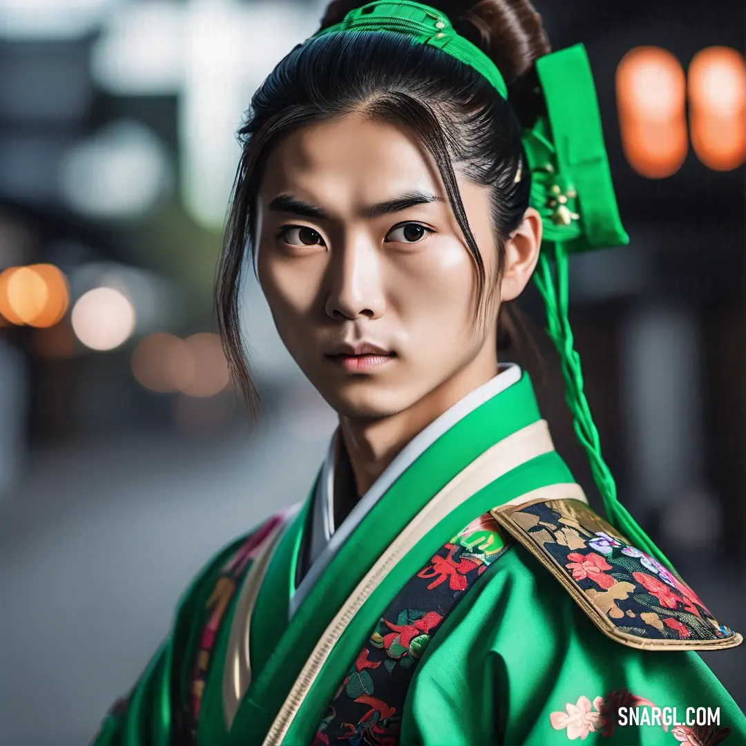 Man in a green kimono and a green headband with flowers on it and a street in the background. Color CMYK 100,0,36,34.