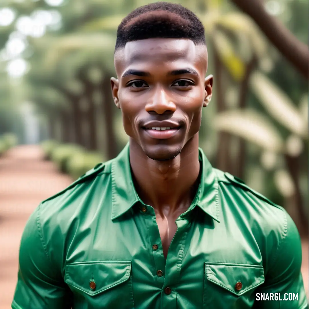 Man in a green shirt is standing in a park with trees and bushes in the background. Example of #00A86B color.