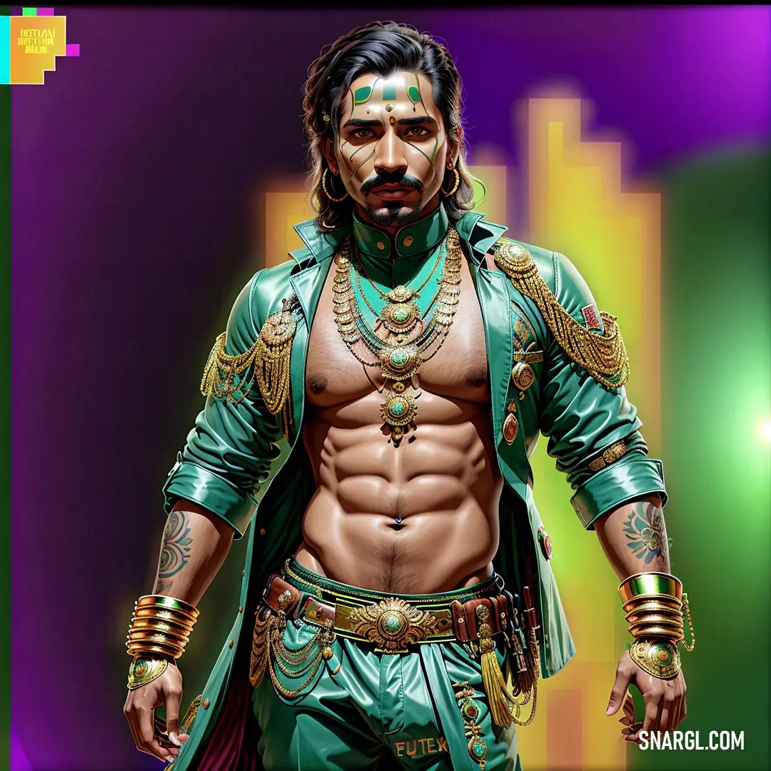 Man with a beard and a beard ring on his chest wearing a green outfit and gold jewelry. Example of RGB 0,168,107 color.