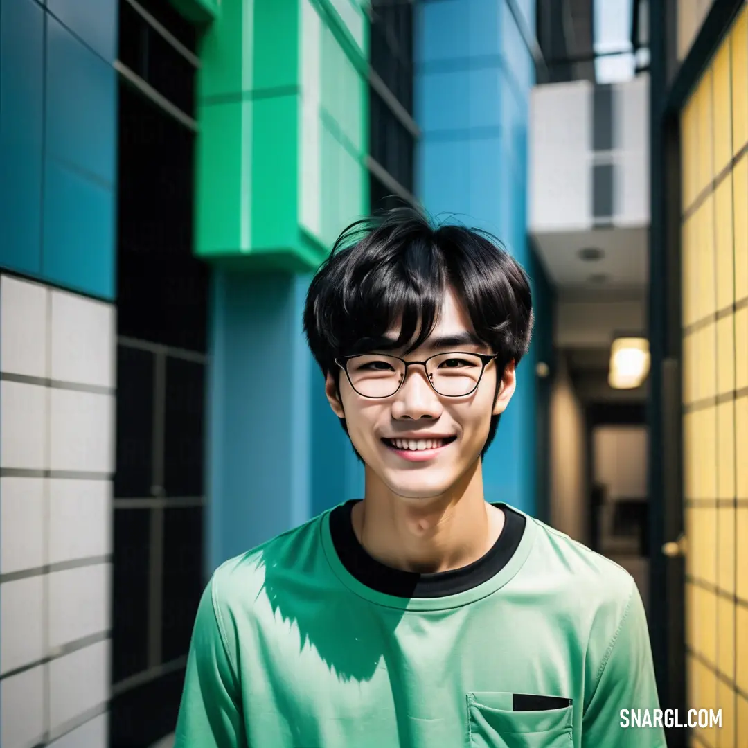 Man with glasses standing in front of a building with a green shirt on and a black tie on. Example of Jade color.