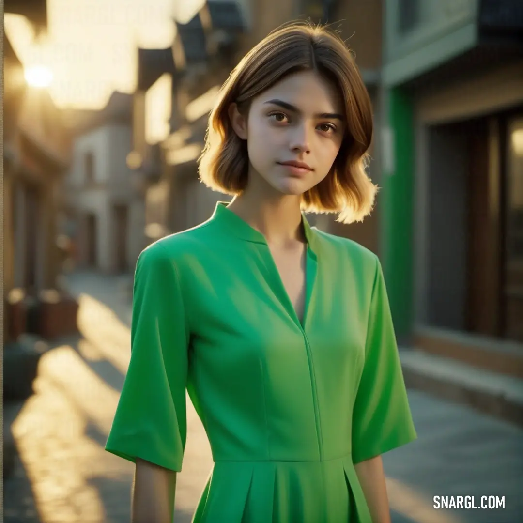 Woman in a green dress standing on a street corner with a building in the background. Color Jade.