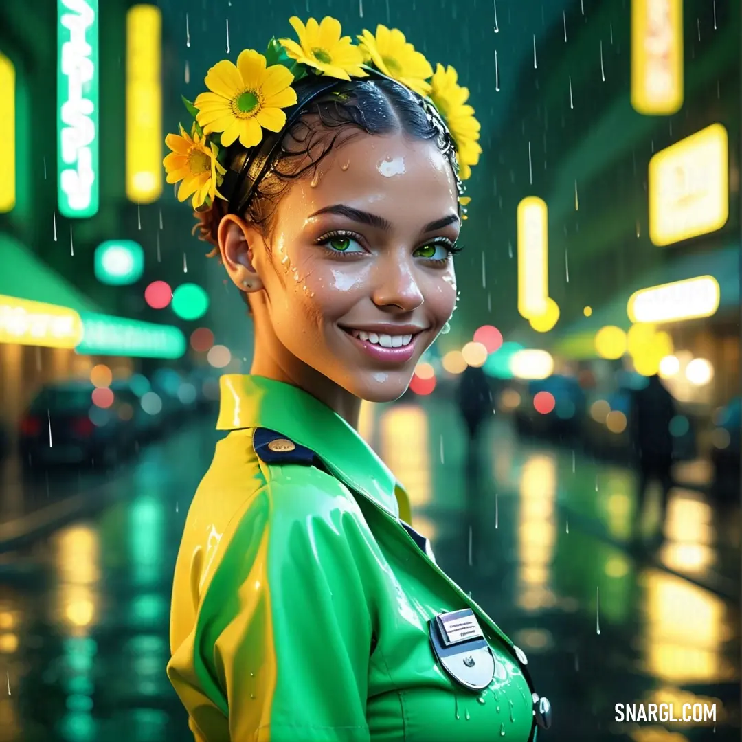 Woman with a flower in her hair standing in the rain with a green jacket. Example of #00A86B color.