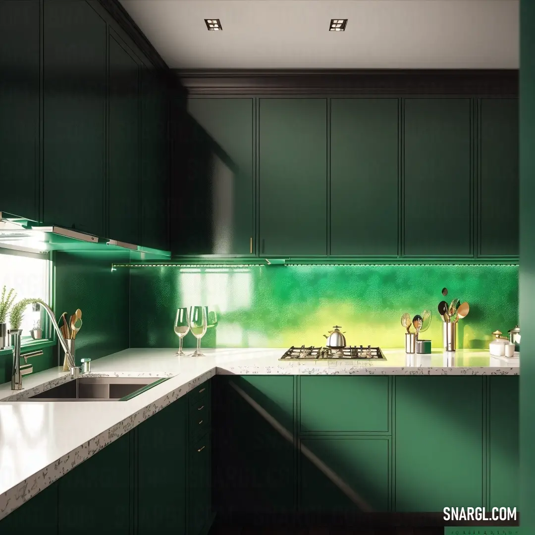 Kitchen with green cabinets and a white counter top and a stove top oven