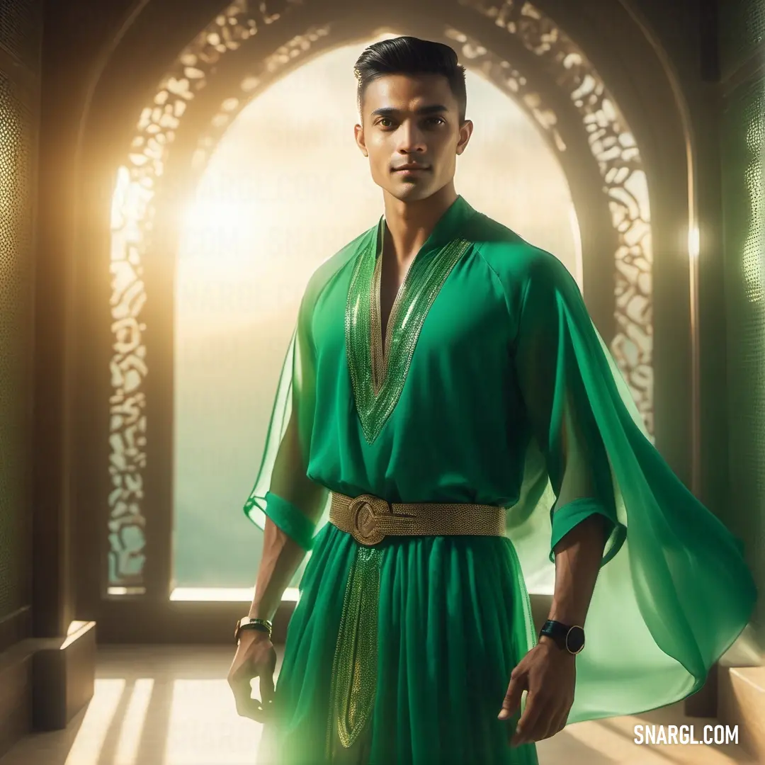 Man in a green outfit standing in a doorway with a light shining through the window behind him. Color #00A86B.