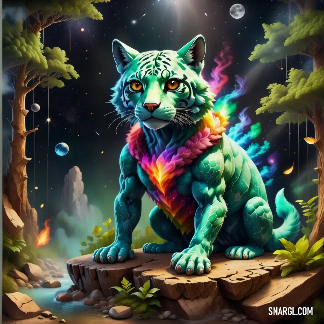 Painting of a white tiger on a rock in the forest with a rainbow heart on its chest